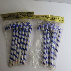 12 Blow Mold 7" Candy Cane Ornaments White & Purple Vintage Golden Sleigh NIP